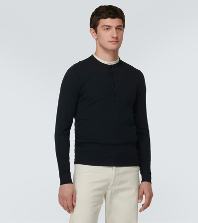 Shop Tom Ford Ribbed-knit Jersey Henley Shirt In Black