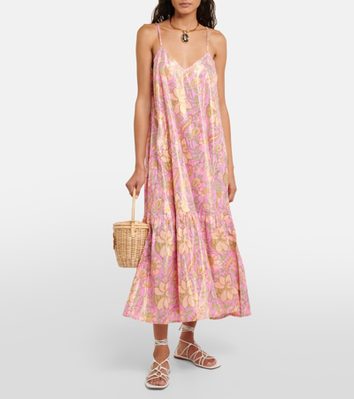 Shop Juliet Dunn Floral Cotton Lamé Midi Dress In Hot Pink/ Coral