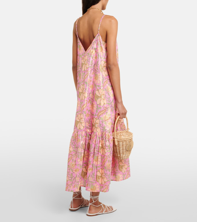 Shop Juliet Dunn Floral Cotton Lamé Midi Dress In Hot Pink/ Coral