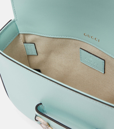 Shop Gucci Horsebit 1955 Mini Embellished Shoulder Bag In Puffy Lt Blue/cryst.