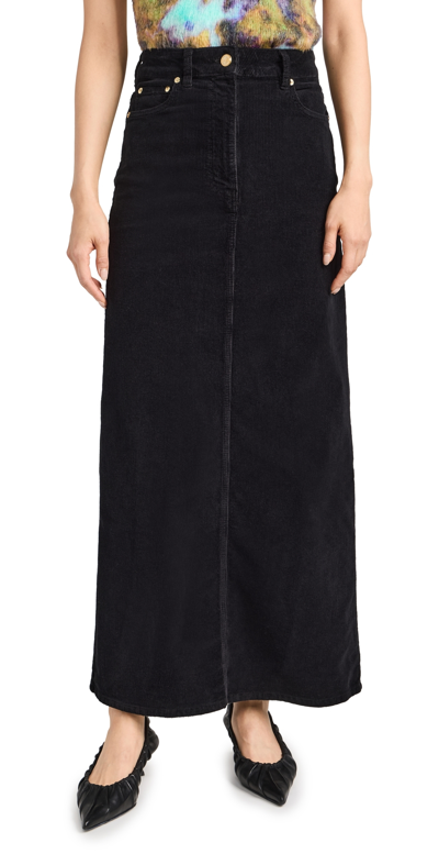 Shop Ganni Washed Corduroy Long Skirt Black