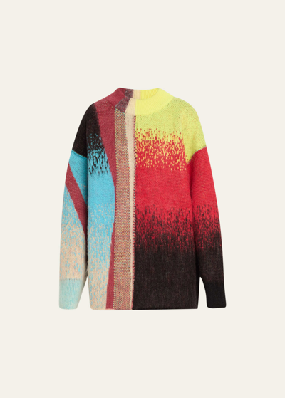 Shop Christopher John Rogers Brushed Wheatpaste Jacquard Oversized Sweater In Azure Multi