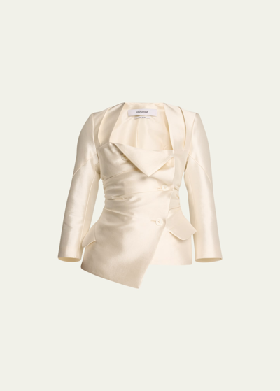 Shop Christopher John Rogers Asymmetric Blazer Jacket With Lace-up Back In Ivory