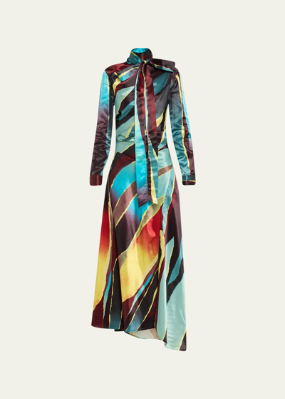 Shop Christopher John Rogers Wheatpaste Scarf-neck Asymmetric Dress In Azure Multi