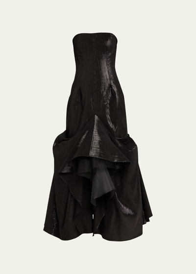 Shop Christopher John Rogers Tucked Trumpet Strapless Dress With Netting In Black