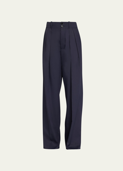 Shop Plan C Pleated Front Wide-leg Trousers In Navy