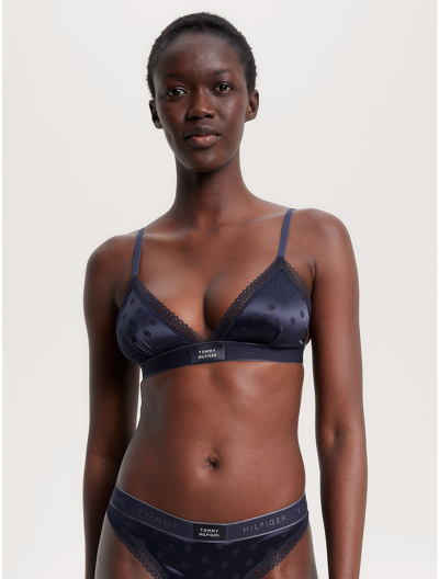 Shop Tommy Hilfiger Logo Lace Sateen Triangle Bra In Navy