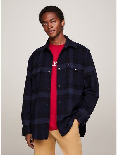 Shop Tommy Hilfiger Relaxed Fit Wool Check Overshirt In Desert Sky / Multi