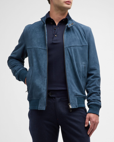 Shop Isaia Men's Suede Blouson Jacket In Medium Blue