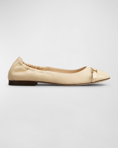 Shop Tod's Mixed Leather T Medallion Ballerina Flats In Open Beige