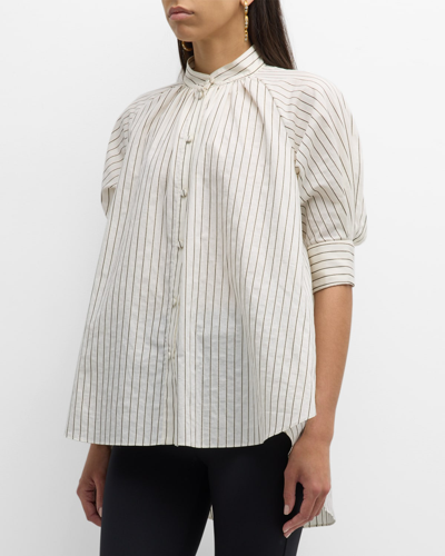 Shop Adam Lippes Metallic Striped Chambre Puff-sleeve Blouse In Blackivory