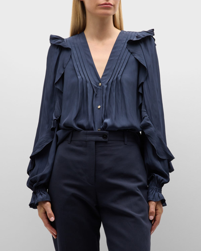 Shop Ramy Brook Estelle Button-front Ruffle Blouse In Navy