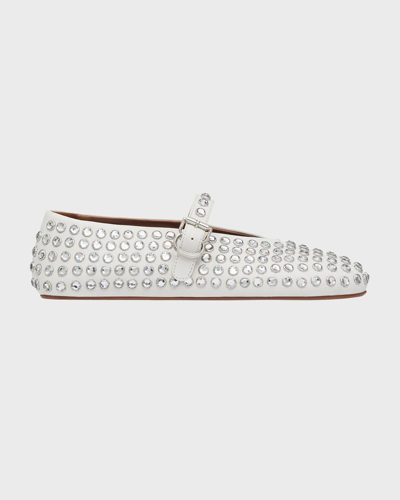 Shop Alaïa Leather Mary Jane Flats With Allover Studs In Blanc