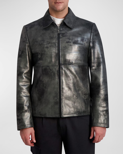 Shop Karl Lagerfeld Paris White Label Men's Metallic Leather Shirt-collar Jacket In Black/graphite