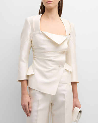 Shop Christopher John Rogers Asymmetric Blazer Jacket With Lace-up Back In Ivory