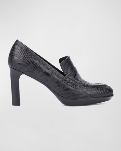 Shop Aquatalia Rella Embossed Heeled Penny Loafers In Black