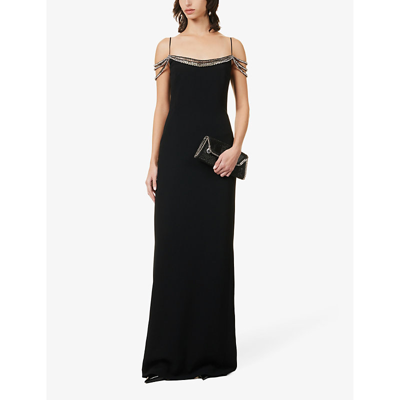 Shop Stella Mccartney Women's Black Crystal-embellished Slim-fit Stretch-woven Maxi Dress