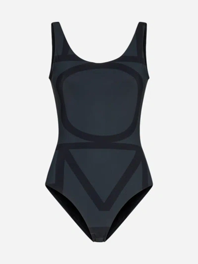 Shop Totême Monogram Print Swimsuit In Black