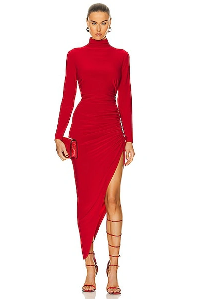 Shop Norma Kamali Long Sleeve Turtleneck Side Drape Gown In Tiger Red