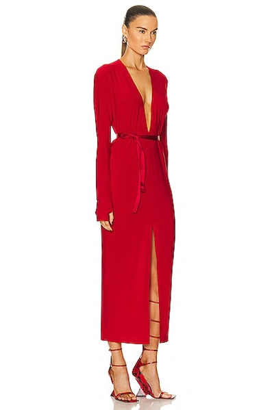Norma Kamali Long Sleeve Deep V Neck Center Front Slit Gown In Tiger Red