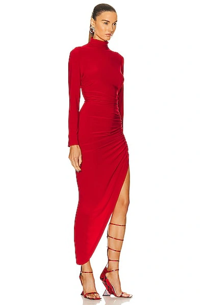 Shop Norma Kamali Long Sleeve Turtleneck Side Drape Gown In Tiger Red