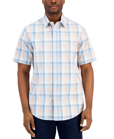 Shop Club Room Men's Refined Plaid Dobby Woven Button-up Short-sleeve Shirt, Created For Macy's In Bright White