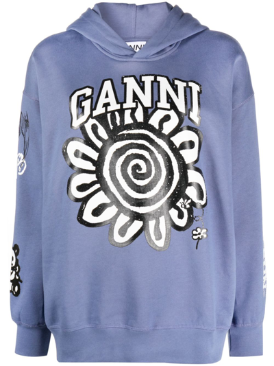 Shop Ganni Printed Cotton Hoodie In Blue