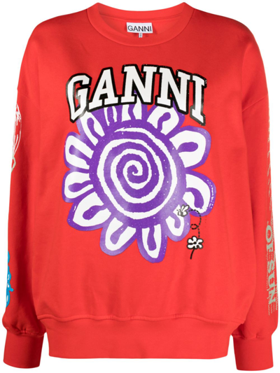 Shop Ganni Printed Organic Cotton Sweatshirt In Orange