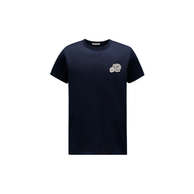 Moncler Double Logo Patch Cotton T-shirt In Blue