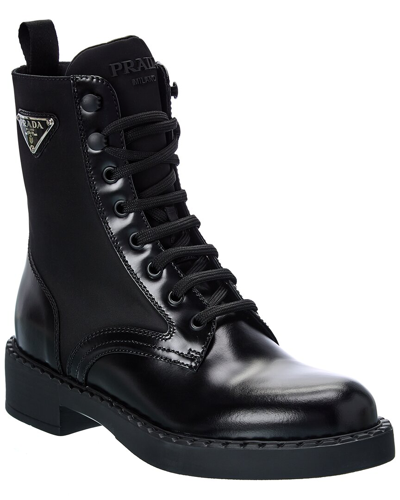 Shop Prada Nylon & Brushed Leather Boot In Black