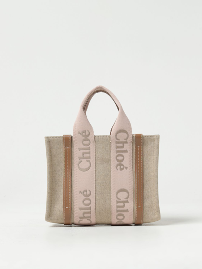 Shop Chloé Woody Canvas Bag With Embroidered Logo In Beige