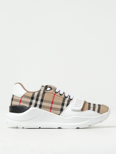 Shop Burberry New Regis Sneakers In Canvas With Vintage Check Jacquard In Beige