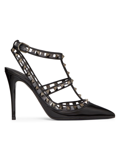 Shop Valentino Women's Rockstud Pumps In Patent Leather And Polymeric Material With Straps 100 Mm In Black