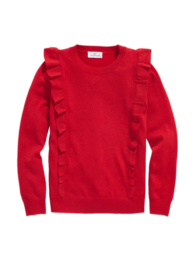 Shop Vineyard Vines Little Girl's & Girl's Ruffle-trim Crewneck Sweater In Red Velvet