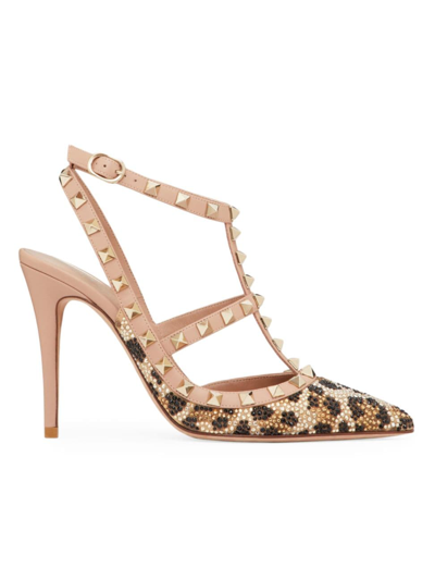Shop Valentino Women's Rockstud Pumps With Animalier Crystal Embroidery 100 Mm In Neutral