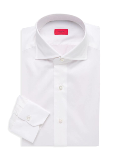 Shop Isaia Men's Solid Cotton-silk Dress Shirt In White