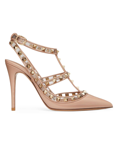 Shop Valentino Women's Rockstud Pumps In Patent Leather And Polymeric Material With Straps 100 Mm In Rose Cannelle