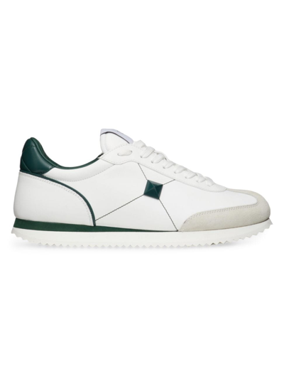 Shop Valentino Men's Stud Around Low-top Calfskin And Nappa Leather Sneakers In White English Green