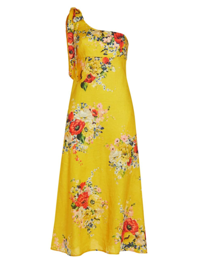 Shop Zimmermann Women's Alight Floral One-shoulder Linen Midi-dress In Yellow Floral