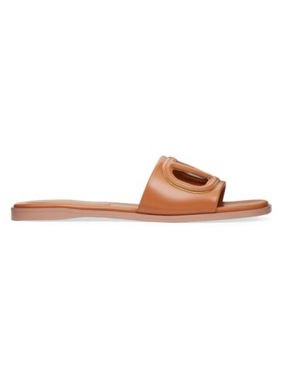 Shop Valentino Women's Vlogo Cut-out Calfskin Slide Sandals In Almond Antique Brass