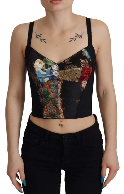 Shop Dolce & Gabbana Black Patchwork Sicily Blouse Corset Cropped Top In Multicolor