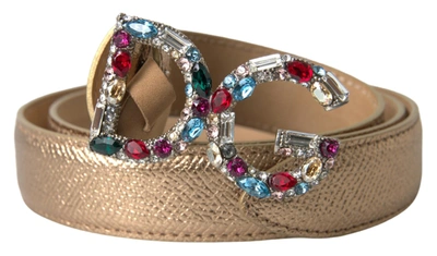 Shop Dolce & Gabbana Gold Leather Dg Crystal Buckle Cintura Belt