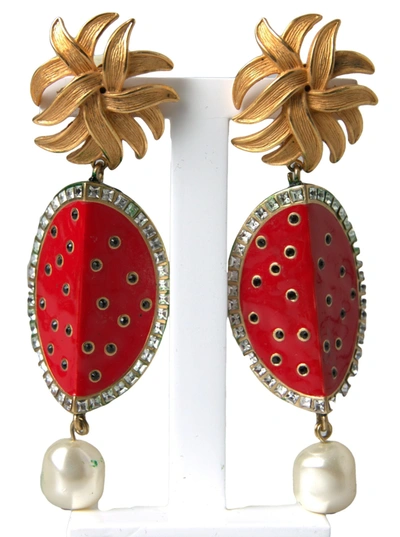 Shop Dolce & Gabbana Red Watermelon Gold Brass Crystal Clip Dangling Earrings