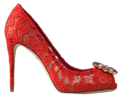 Shop Dolce & Gabbana Red Taormina Lace Crystal Heels Pumps Shoes