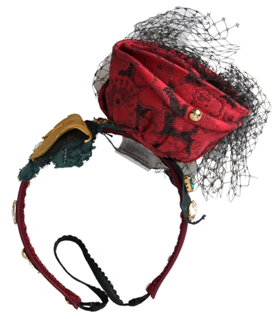 Shop Dolce & Gabbana Red With Multicolor Rose Silk Crystal Netted Logo Diadem Headband