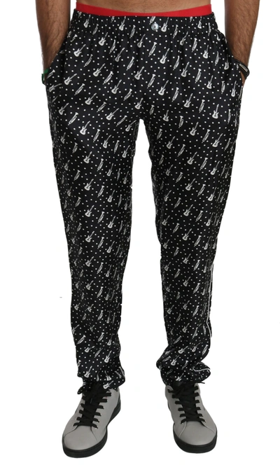 Shop Dolce & Gabbana Silk Black Musical Instrument Trouser Pants