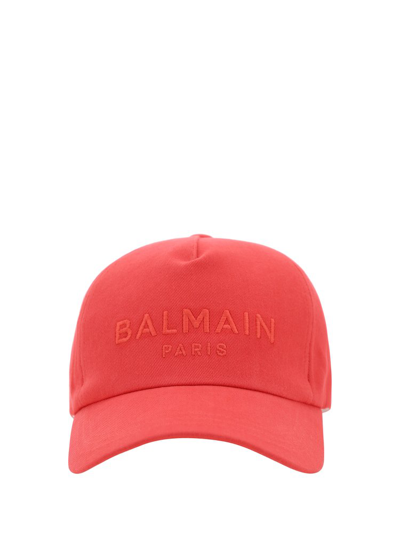 Shop Balmain Logo Embroidered Baseball Cap In Red