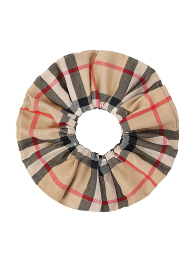 Shop Burberry Kids Checked Ruched Scrunchie In Beige