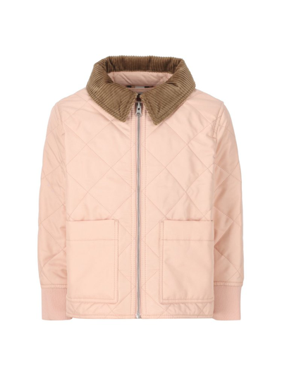 Shop Burberry Kids Corduroy Collar Zipped Quilted Jacket In Pink