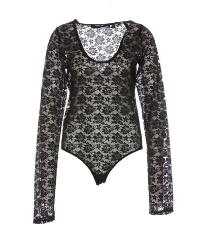 Shop Rotate Birger Christensen Rotate Floral Lace Long Sleeved Mesh Bodysuit In Black